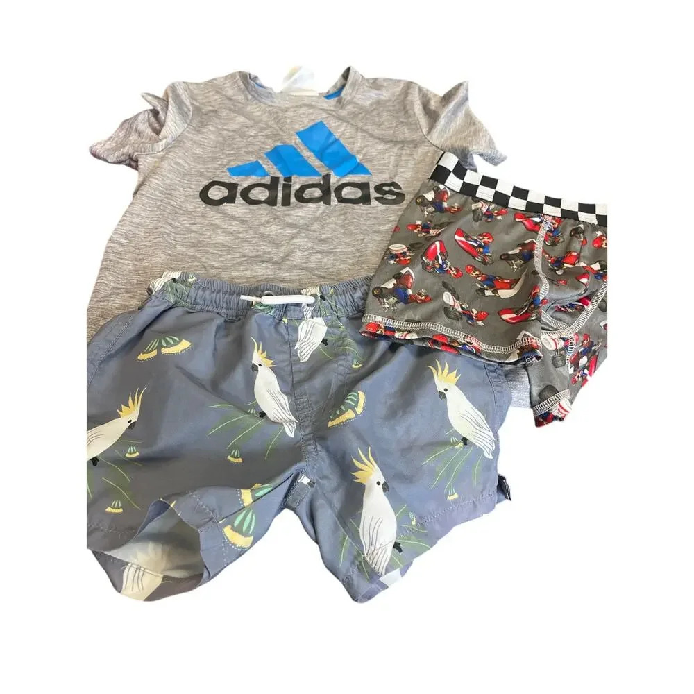 Adidas T-shirt, parrot swim trunks, Mario boxer shorts boys size 5/6